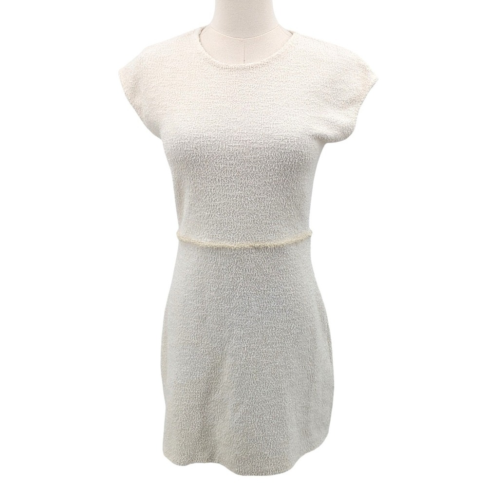Zara Boucle Knit Mini Dress Cream Ivory Cutout Waist Cap Sleeve Size S